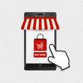 Smartphone Online Shop Symbols - Awning, Shopping Cart And Mouse Pointer - Vector Illustration - Isolated On White Background
