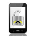 Smartphone with Opened Padlock icon ,smart phone on White backg Royalty Free Stock Photo