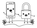 Smartphone and padlock kawaii character