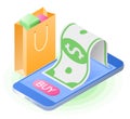 The smartphone, paper money, shopping bag. Flat isometric illustration Royalty Free Stock Photo