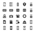 Smartphone parameters icon set: screen dimensions, resolution, ROM and RAM capacity, battery, GPS, camera