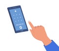 Smartphone with passcode lock screen interface, use biometric or enter pattern page. Humans hand with an outstretched finger Royalty Free Stock Photo