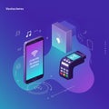 Smartphone and payment terminal depicted in an abstract digital interface. The Royalty Free Stock Photo