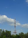 Smartphone photography of a telephone tower against blue sky in the background.