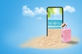 Smartphone, pink luggage and weave hat with beautiful seascape view of sea and blue sky in the background. Royalty Free Stock Photo