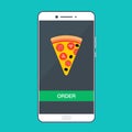 Smartphone with pizza on the screen. Order fast food concept. Flat vector illustration. Royalty Free Stock Photo