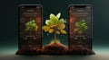 Smartphone placed on a table with green plants growing Ideas, Technology planting trees app AI Generated