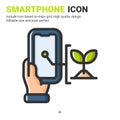 Smartphone and plant icon vector with outline color style isolated on white background. Vector illustration handphone sign symbol Royalty Free Stock Photo