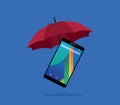 Smartphone protection insurance with red umbrella and blue background