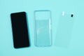 Smartphone protective transparent silicone case phone screen film. Turquoise background
