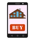 Smartphone with realty app. House sale.