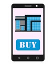 Smartphone with realty app. House sale.