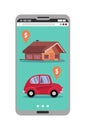 Smartphone with realty and car sales marketplace application featuring house and small classic city car with price tags. Online