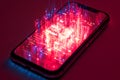Smartphone with red binary code on the screen. 3d rendering