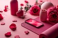 Smartphone with a red heart on a pink screen, lush roses, heart-shaped petals, vases and a burning candle on a pink