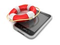 Smartphone with red lifebuoy on white background