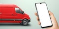 Smartphone and red minibus on a light background. Delivery concept, online ordering, phone application, moving. Delivery by car to