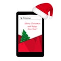 Smartphone in red Santa Claus hat Christmas tree on the screen. New years present gadget, mobile technology. Vector Royalty Free Stock Photo