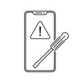 Smartphone repair icon. Screwdriver on mobile icon. Black linear icon