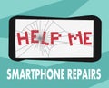 Smartphone repairs flat design sign. Vector illustration of broken phone with help me lettering for advertising banners, posters Royalty Free Stock Photo