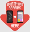 Smartphone repairs flat design sign. Vector illustration of broken and repaired phone with indicative pointers for advertising ban