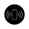 Smartphone ringing icon. Mobile phone vibrating symbol on black circle