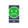 Smartphone with sad face colored icon. Client unsatisfaction, upset customer, negative review symbol