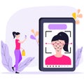 Smartphone scans a woman face. Face Scan System Recognition outline icon. Biometric Identification Concept. Technology Royalty Free Stock Photo