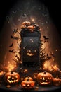 Smartphone screen with dark jack-o-lanterns, bats on a dark background, Halloween