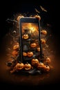Smartphone screen with dark jack-o-lanterns, bats on a dark background, Halloween