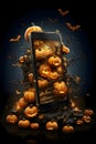 Smartphone screen with dark jack-o-lanterns, bats on a dark background, Halloween