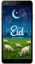 A smartphone screen displays an Eid-themed design. The background features a Royalty Free Stock Photo