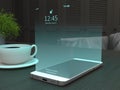 The smartphone screen in the form of a three-dimensional virtual hologram. Mock up of screen projection. Future technologies.