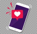 Smartphone screen with get message of heart emoji speech bubble.Phone app with icon like. Mobile call with love heart. vector Royalty Free Stock Photo