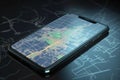 Smartphone screen with GPS navigator map over dark background