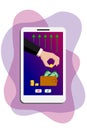 Online payments, money transfers, online purchases. On the smartphone screen, a hand in a suit puts a golden dollar in a purse Royalty Free Stock Photo