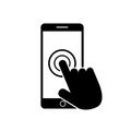 Smartphone screen icon with hand. Open touch screen by finger.Black mobile phone icon. Flat phone icon with screen. vector