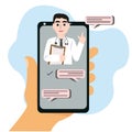 smartphone screen with a male doctor on chat in messanger and an online consultation . vector flat illustration. onli Royalty Free Stock Photo