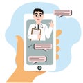 Smartphone screen with a male doctor on chat in messanger and an online consultation . vector flat illustration. onli Royalty Free Stock Photo