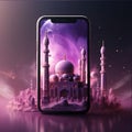 Smartphone on the screen, mosque, minaret, pink background. Mosque as a place of prayer for Muslims