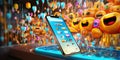 Smartphone screen pouring out a river of emojis into a vibrant digital landscape , concept of Colorful communication