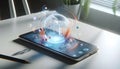 Smartphone screen projects a sci-fi virtual scene, showcasing transparent spheres and glowing plants. Royalty Free Stock Photo