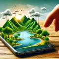 Smartphone screen: Smartphone with summer landscape on the screen. Royalty Free Stock Photo