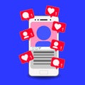 Smartphone screen with user profile in social network ..with followers, likes and comments icons. Royalty Free Stock Photo