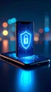 Smartphone security concept with digital shield and lock icon on screen Royalty Free Stock Photo