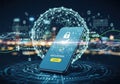 Smartphone with security lock surrounded by digital network and binary code on a futuristic technological background Royalty Free Stock Photo