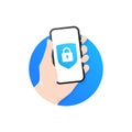 Smartphone security. Locked padlock. Hand holds a smartphone on the screen a lock icon. Mobile phone security, user authorization Royalty Free Stock Photo