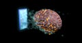 Smart phone sending information into glowing brain. 3d render. View 2 Royalty Free Stock Photo