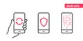 Smartphone with shield security icon, update icon, binary computer code and algorithm on screen. mobile in hand