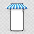 Smartphone with shop sunshade and metal mount, online internet shopping. Realistic blue striped cafe awning. Outdoor